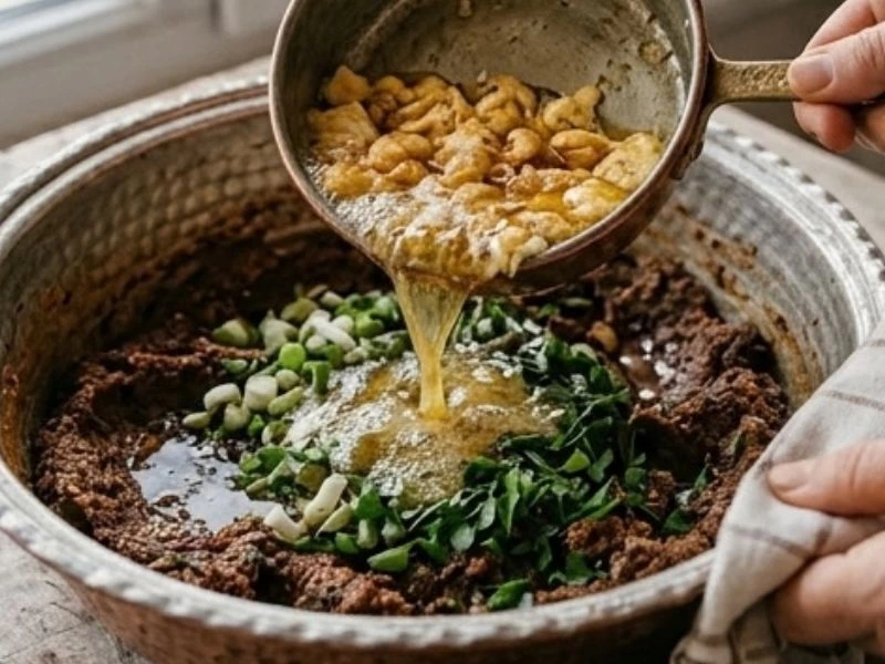 Pişmiş yumurtanın yağla birlikte köfte harcına dökülmesi