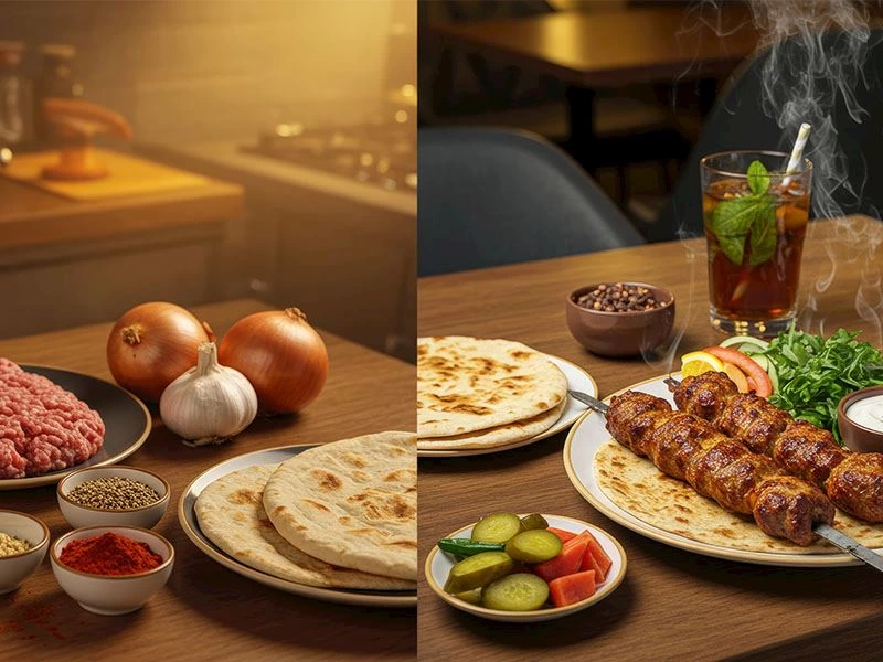 Şiş köfte, pide, turşu ve içecekle hazırlanmış sofra