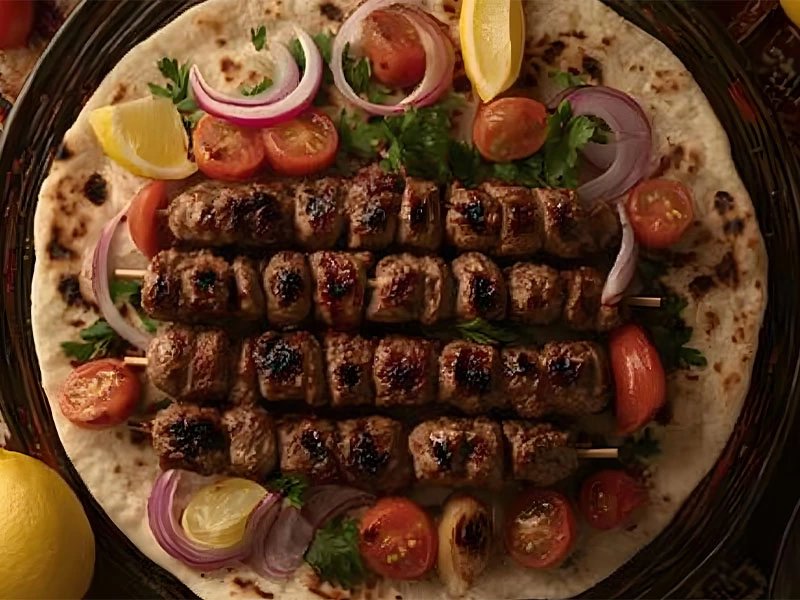 Lavaş üzerinde şiş köfte, domates ve soğan dilimleri