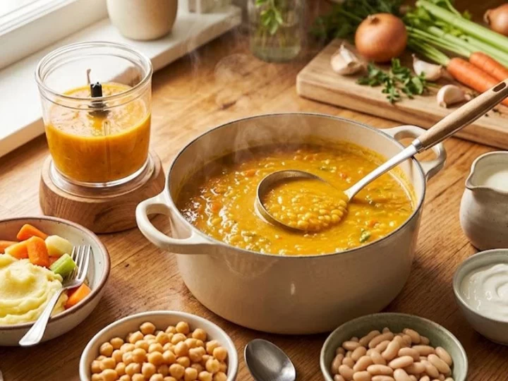 Tencerede mercimek çorbası, yanında blender ve haşlanmış bakliyatlar