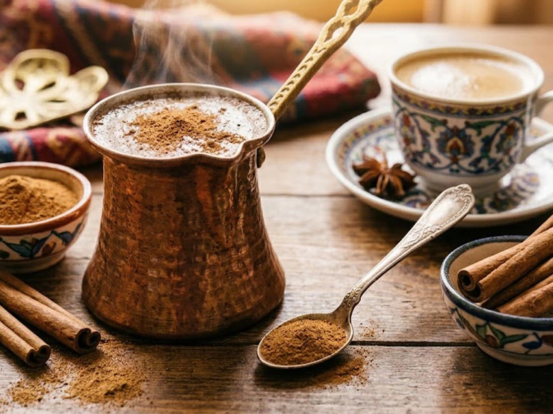 Bakır cezvede kahve ve yanında tarçın çubukları ile öğütülmüş tarçın