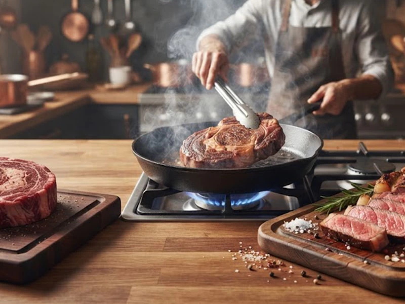 Tavada pişen steak maşa ile çevriliyor