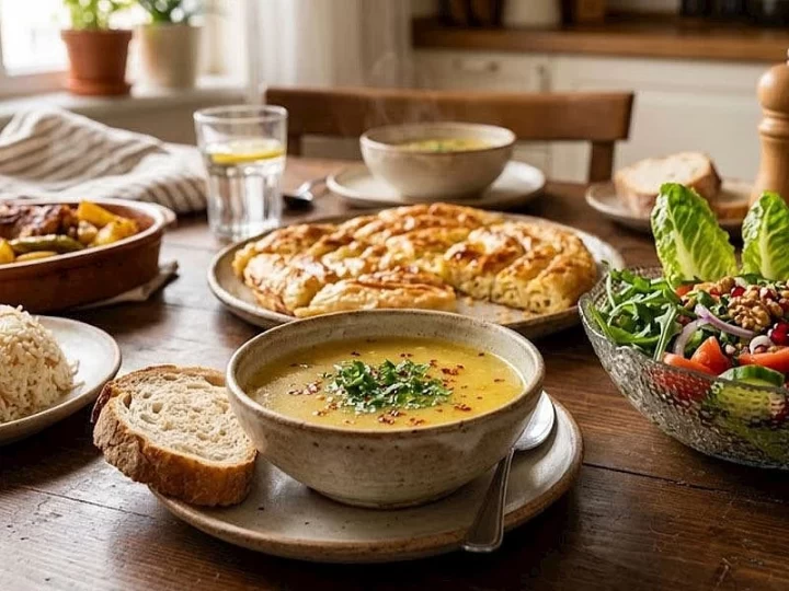 Tavuk suyu çorbası, salata, börek, ekmek ve pilavla hazırlanmış sofra