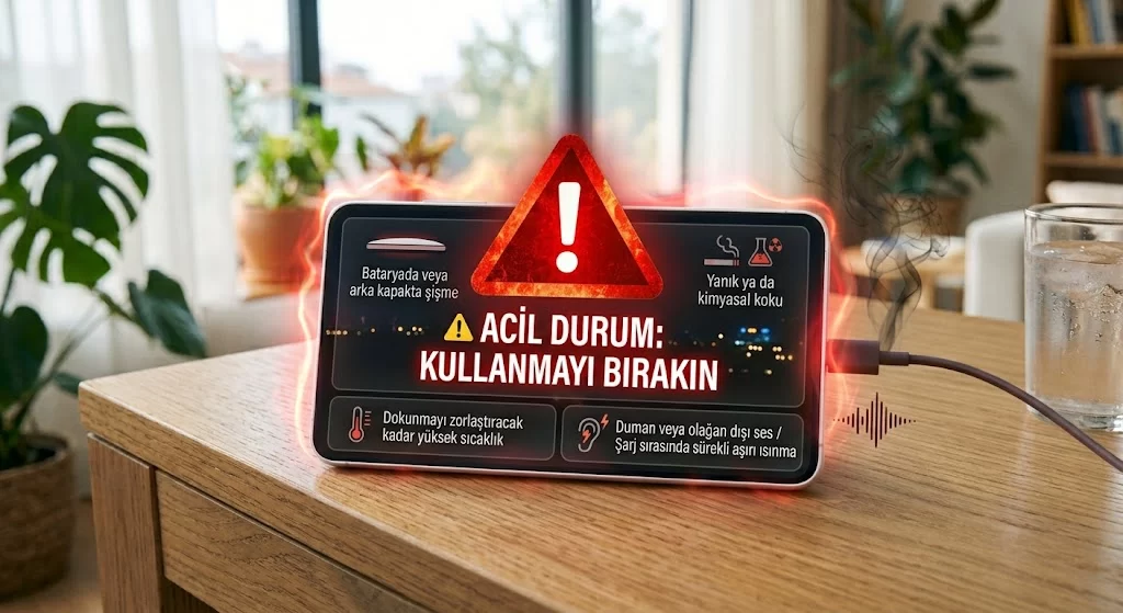 Telefonda batarya şişmesi, kimyasal koku ve aşırı sıcaklık için acil durum uyarıları