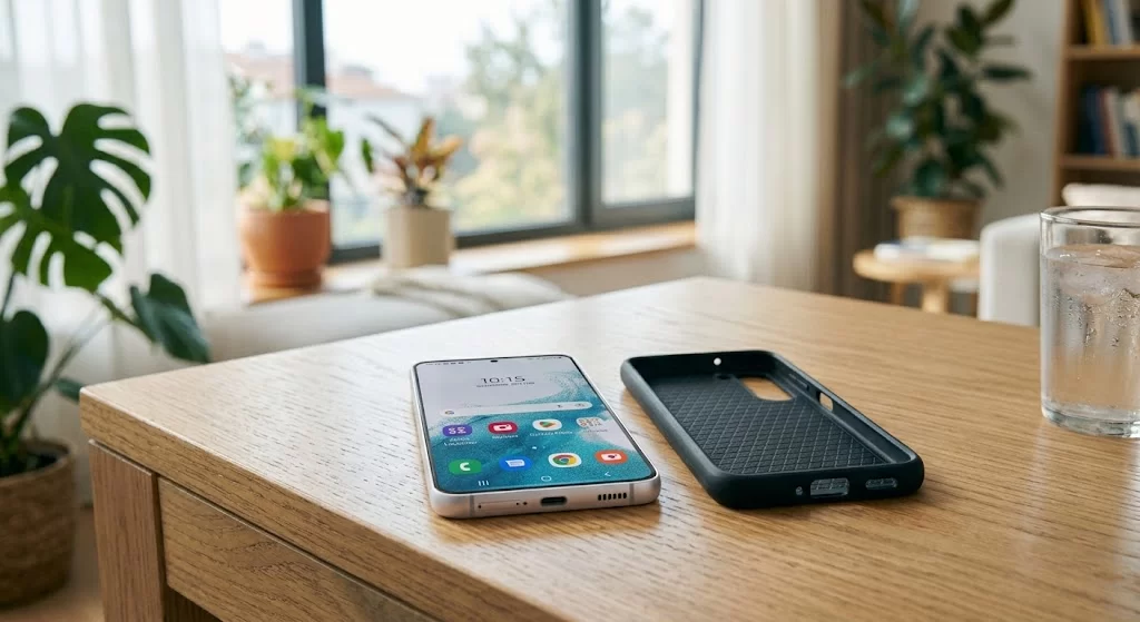 Masa üzerinde kılıfından çıkarılmış bir akıllı telefon