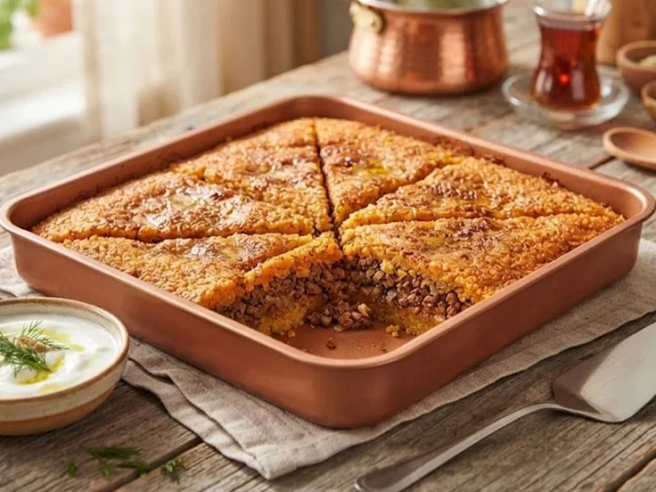 Tepside dilimlenmiş, üzeri kızarmış içli köfte