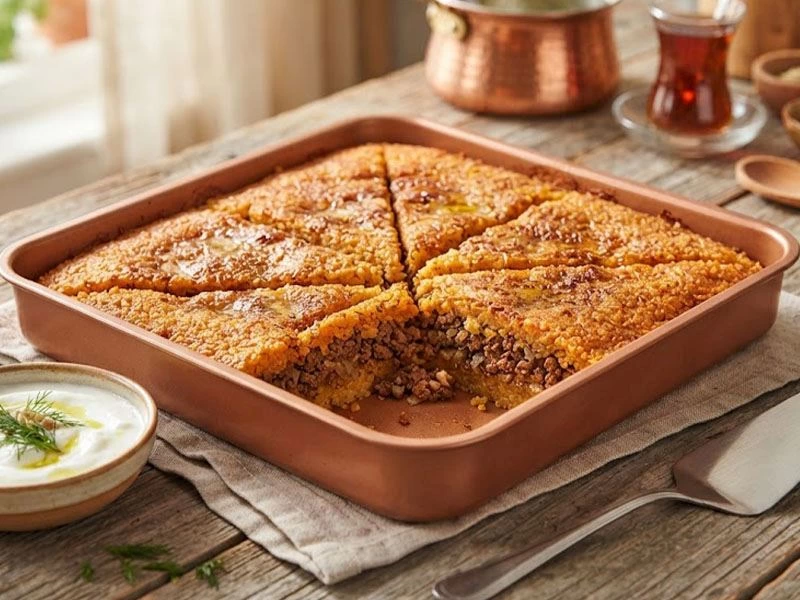 Tepside dilimlenmiş, üzeri kızarmış içli köfte