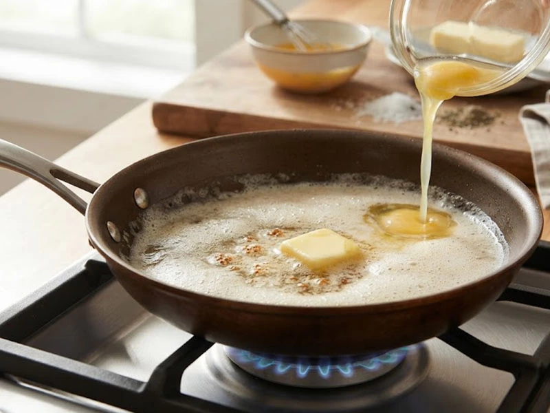 Tavada eriyen tereyağına yumurta ekleniyor