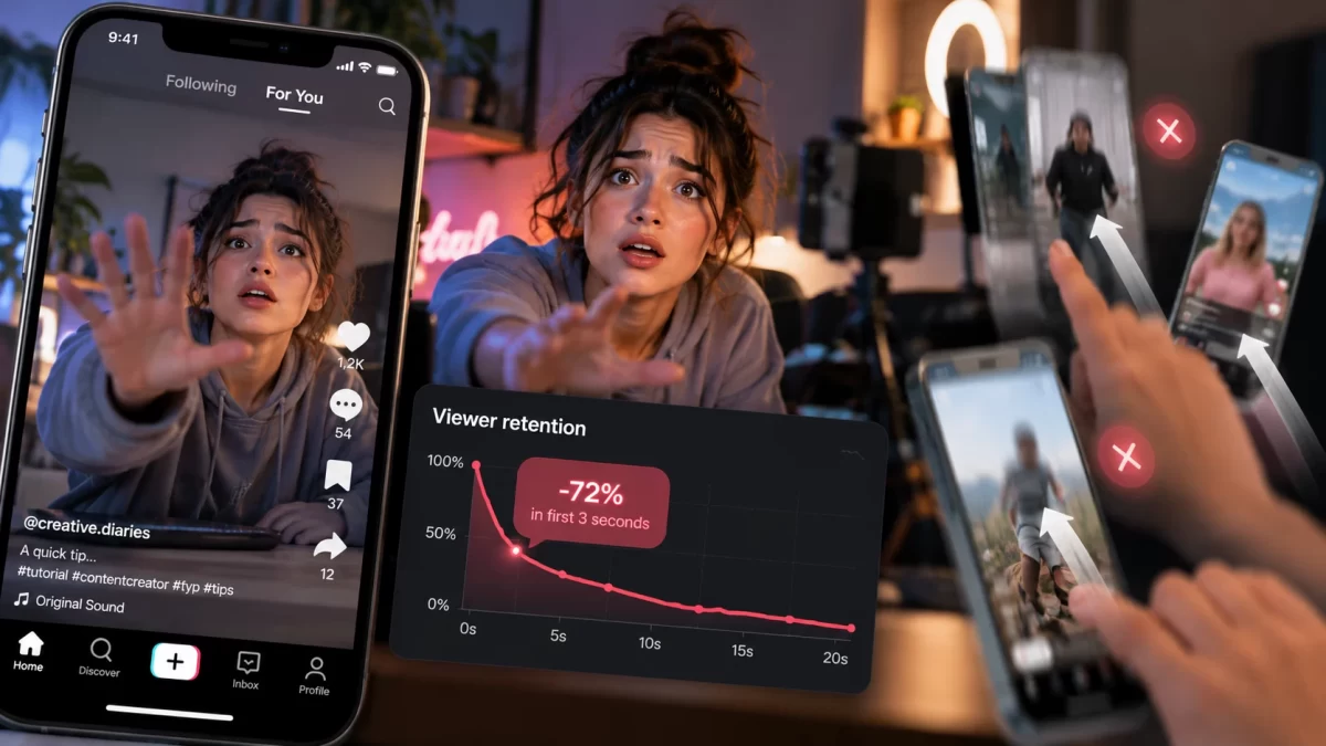 TikTok videosunda izleyici tutma grafiği ve kaydırma hareketi