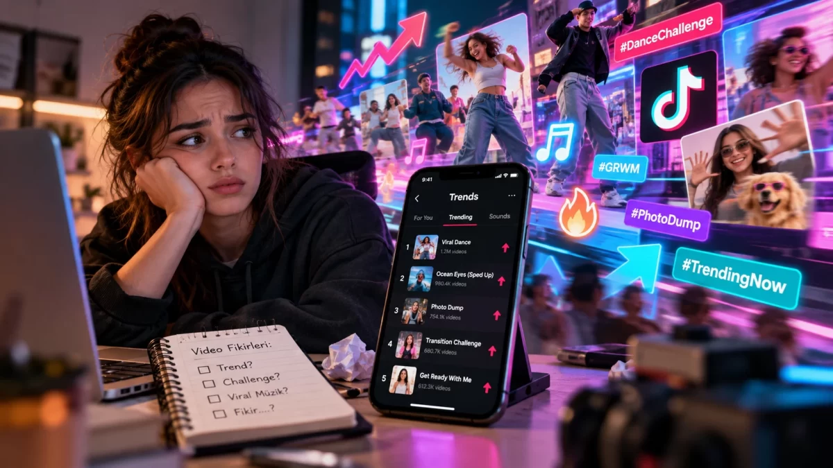 TikTok trendlerinin gösterildiği telefon ekranı ve içerik fikirleri notları