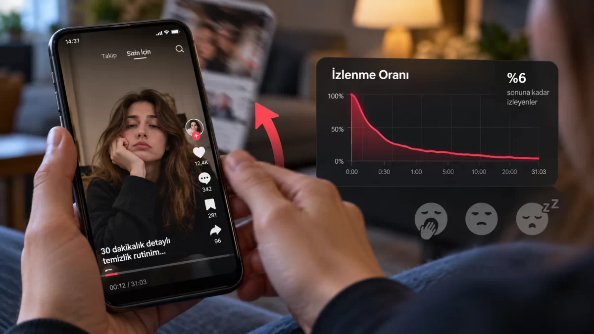 Uzun bir TikTok videosu ve düşük izlenme oranını gösteren grafik