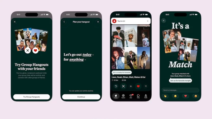 Tinder Group Hangouts özelliğini tanıtan dört akıllı telefon ekranı