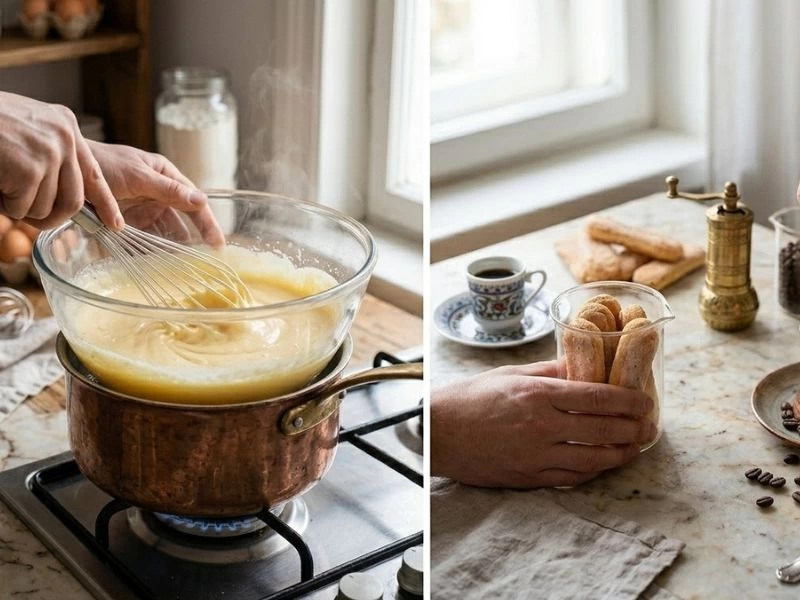 Benmari üzerinde çırpılan yumurtalı karışım ve kedi dili bisküvileri
