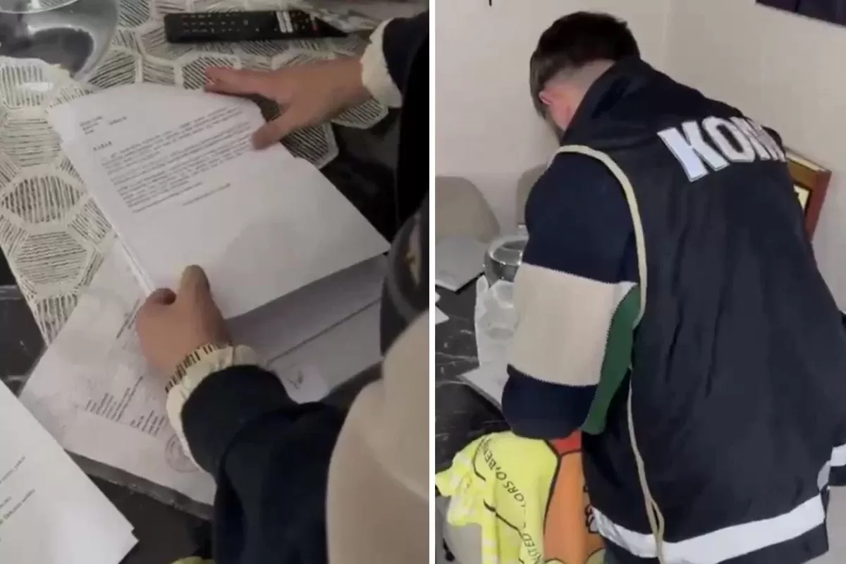 Ekiplerin evrakları incelediği ve bir şüpheliyi gözaltına aldığı operasyon görüntülerinden kolaj