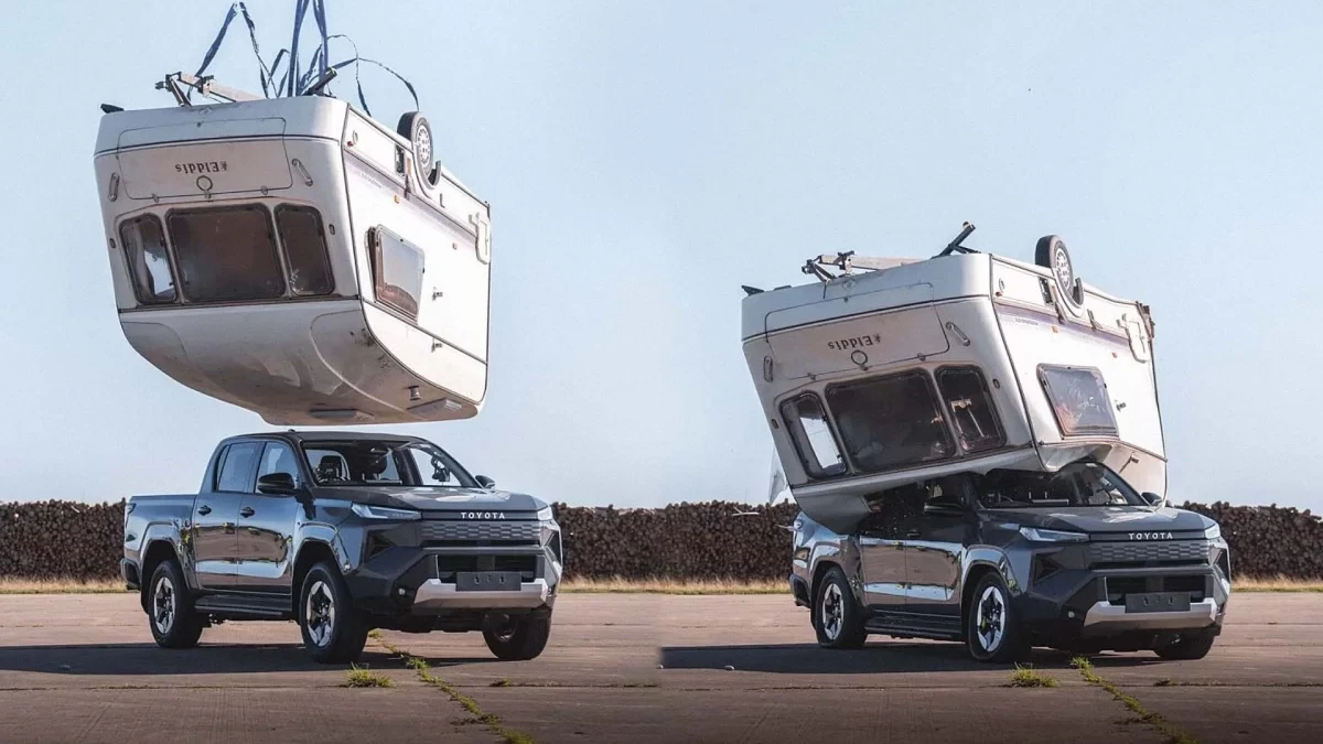 Elektrikli Toyota Hilux’un üzerine karavan bırakıldığı dayanıklılık testinden iki an