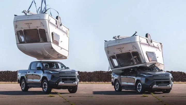 Elektrikli Toyota Hilux’un üzerine karavan bırakıldığı dayanıklılık testinden iki an