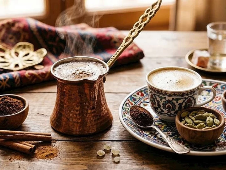 Bakır cezvede Türk kahvesi, yanında fincan, kakule ve tarçın