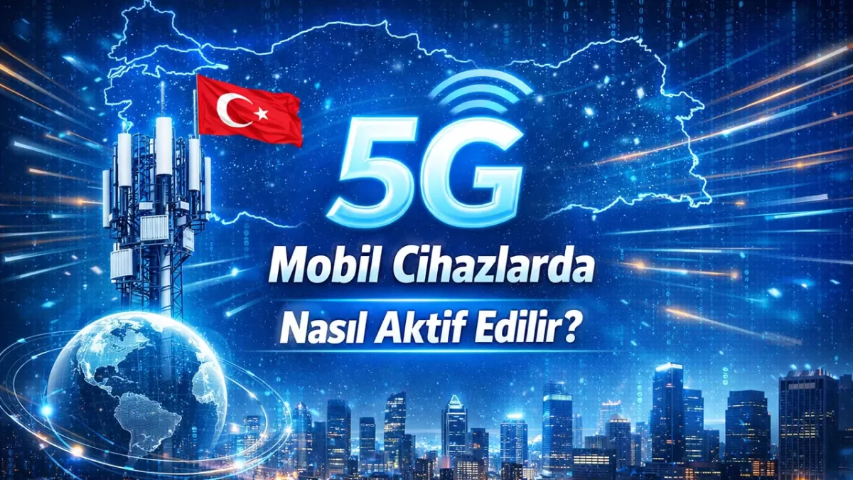 Türkiye haritası, 5G yazısı ve şehir silüeti bulunan 5G tanıtım görseli