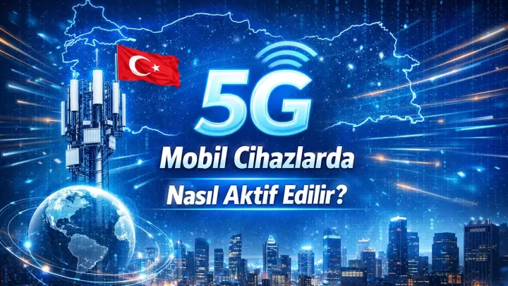 Türkiye haritası, 5G yazısı ve şehir silüeti bulunan 5G tanıtım görseli