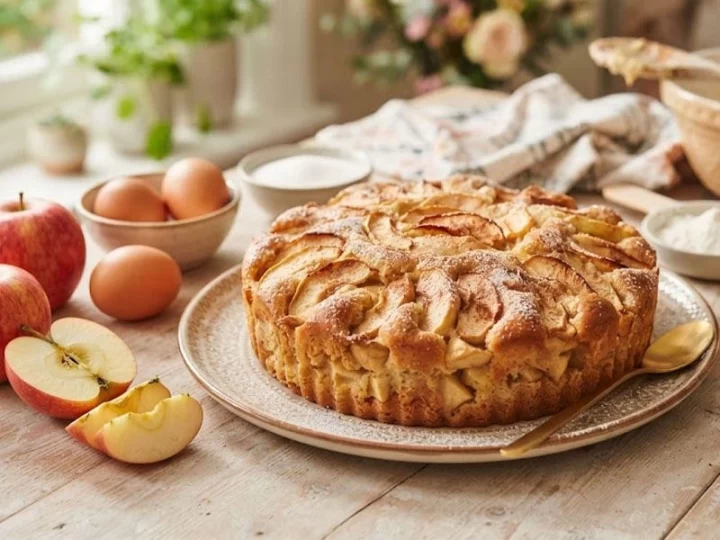 Üzeri kızarmış elmalı kek, yanında elma ve yumurtalarla ahşap masada