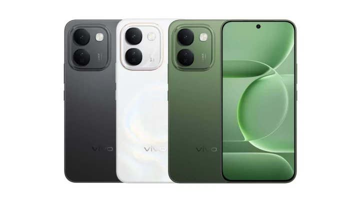 Vivo S2 FE telefonun siyah, beyaz ve yeşil renk seçenekleri ile ön yüzü