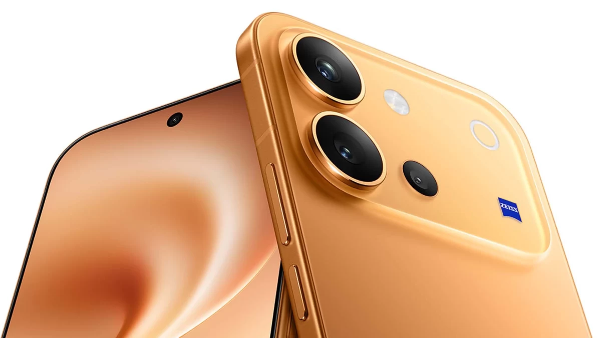 Turuncu renkli Vivo V80 telefonun ön ve arka yüzü