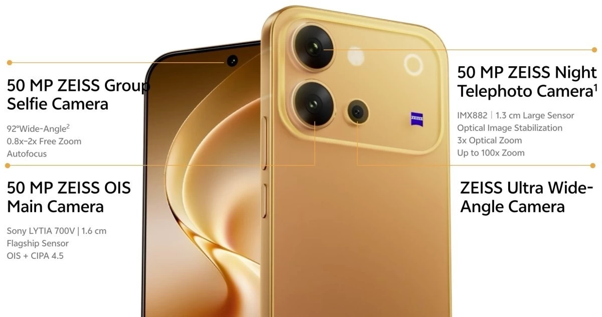 Altın renkli Vivo V80’in ön ve arka yüzü ile Zeiss destekli kamera özelliklerini gösteren tanıtım görseli