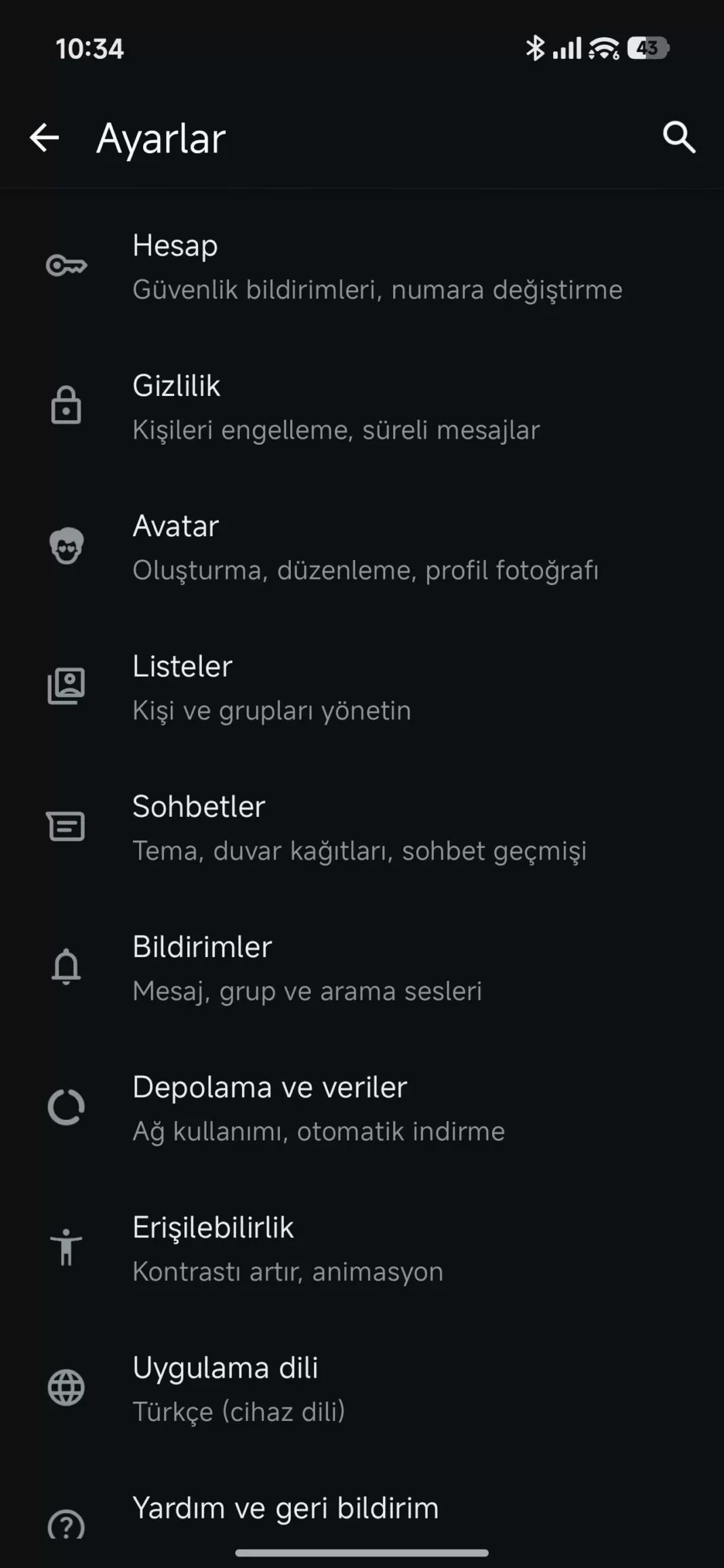 WhatsApp Ayarlar ekranında Sohbetler seçeneği