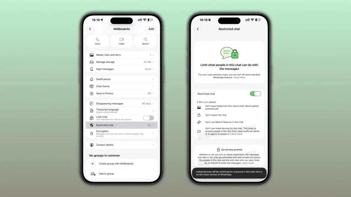 WhatsApp sohbet bilgi ekranı ve Restricted Chat ayarlarının bulunduğu iki telefon ekranı