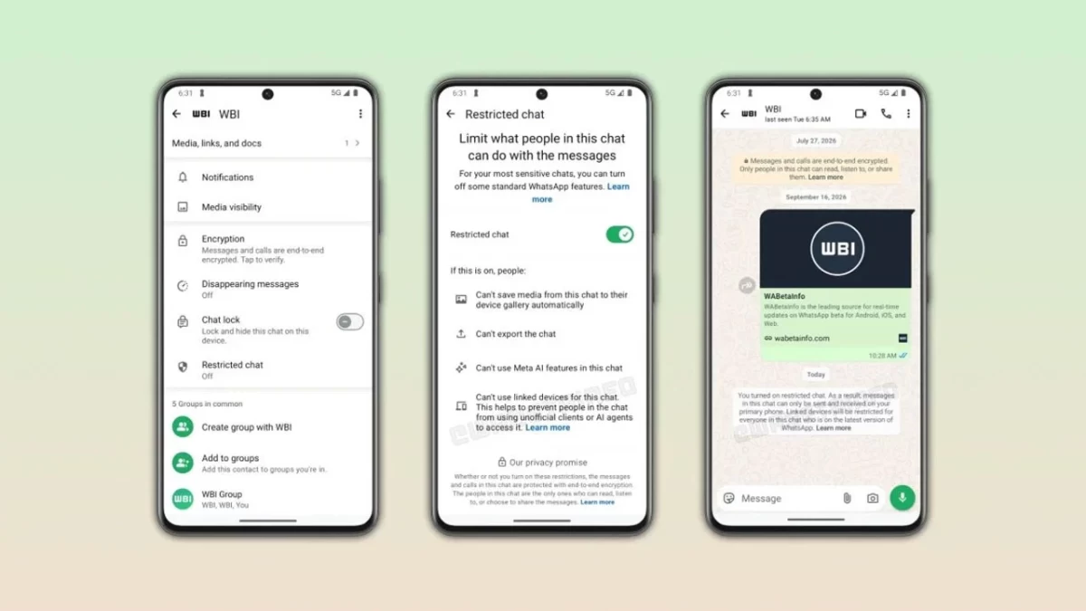 WhatsApp Restricted Chat ayarlarını ve kısıtlı sohbet örneğini gösteren üç telefon ekranı