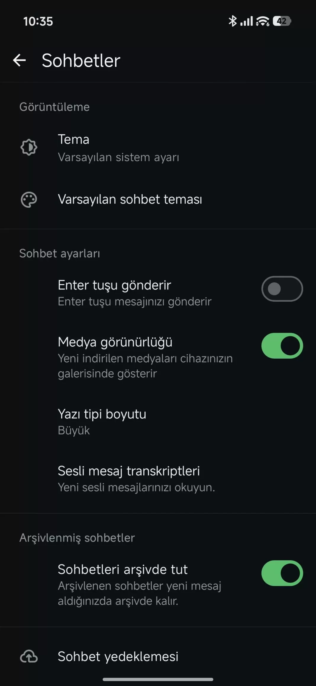 WhatsApp Sohbetler ayarlarında Medya görünürlüğü seçeneği