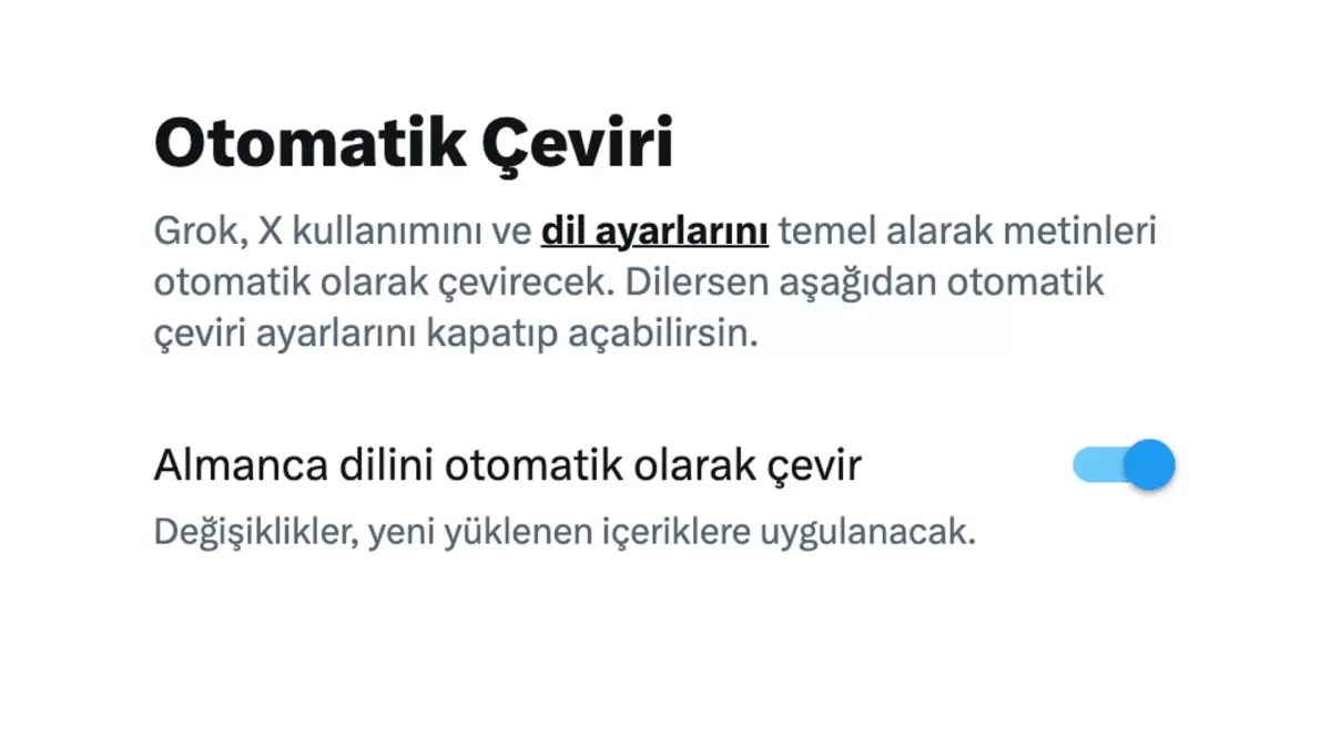 X’in otomatik çeviri ayar ekranında Almanca için çeviriyi etkinleştiren anahtar