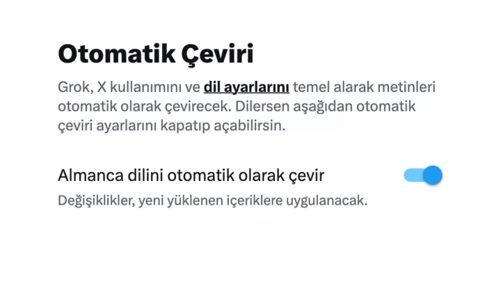 X’in otomatik çeviri ayar ekranında Almanca için çeviriyi etkinleştiren anahtar
