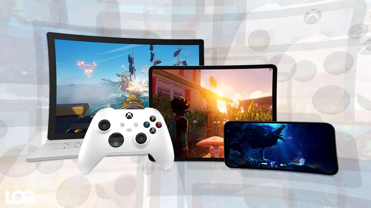 Xbox oyun kumandası önünde dizüstü bilgisayar, tablet ve telefonda oyun görüntüleri