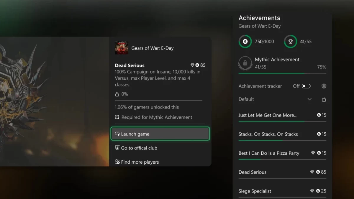 Gears of War: E-Day oyununda Mythic Achievement açıldığını bildiren ekran.