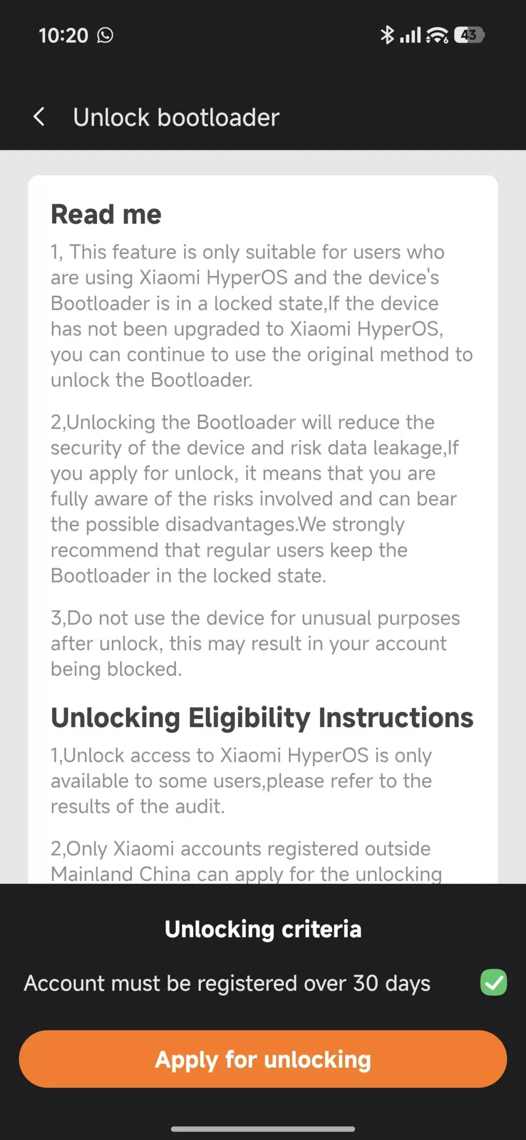 Xiaomi uygulamasında Bootloader kilidini açma talebi ekranı