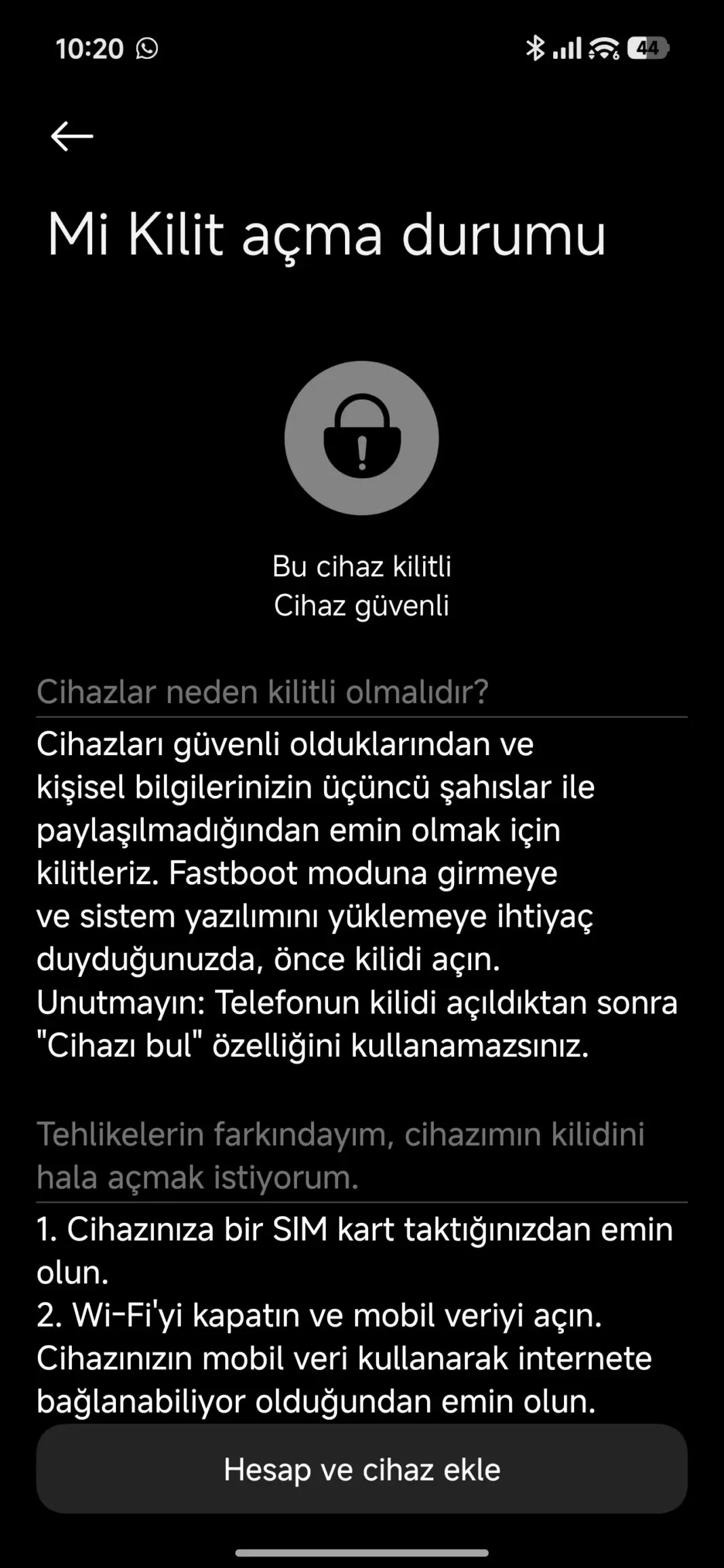Xiaomi telefonda Mi Kilit Açma Durumu ekranı ve Hesap ve cihaz ekle düğmesi