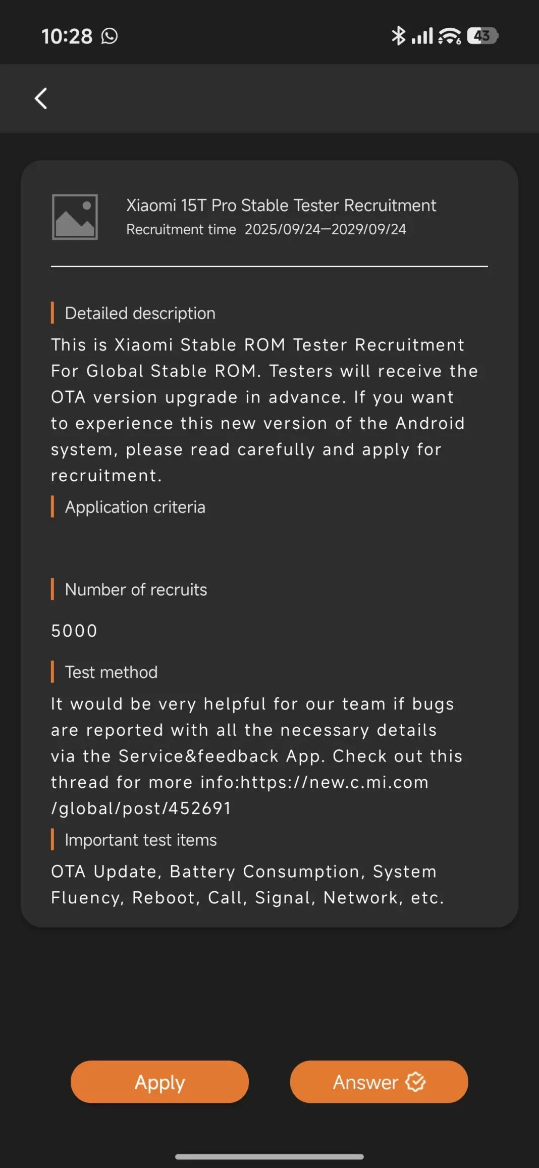 Xiaomi 15T Pro Stable ROM Tester Recruitment başvuru ekranı