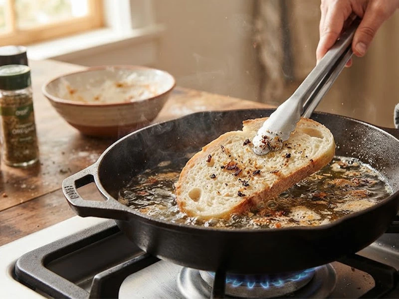 Kızartma yağındaki ekmek diliminin maşa ile tutulduğu tava