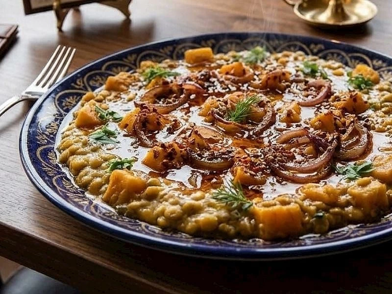 Kızarmış soğan ve pul biberle servis edilen yeşil mercimekli kabak borani