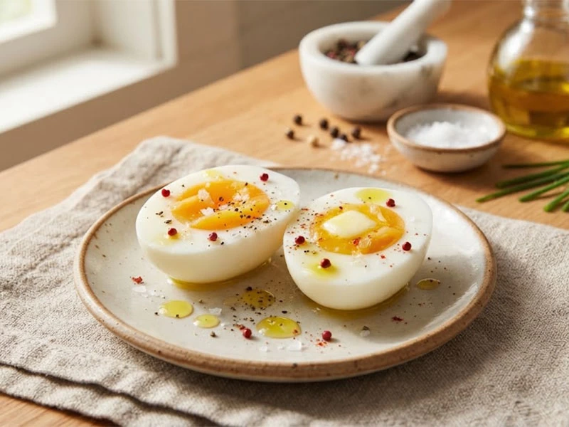Zeytinyağı, tuz ve baharatla servis edilmiş yumurta dilimleri