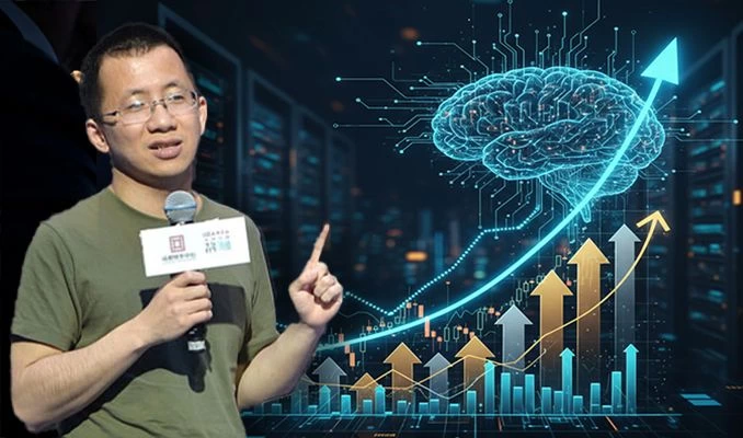 Zhang Yiming’in yanında yapay zekâ beyni ve yükselen grafiklerin yer aldığı illüstrasyon