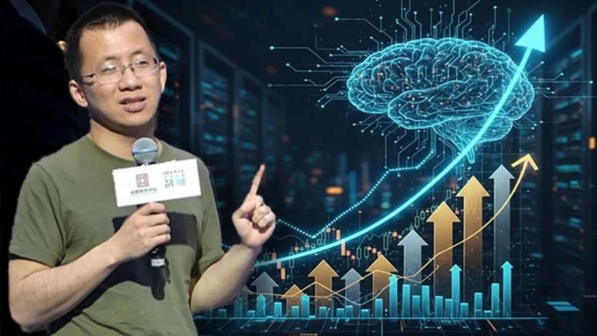Zhang Yiming’in yanında yapay zekâ beyni ve yükselen grafiklerin yer aldığı görsel